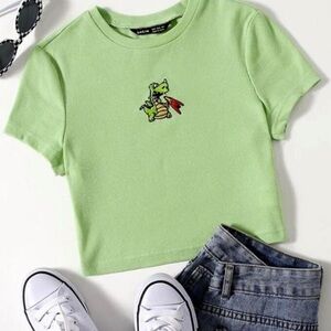 💚SHEIN Green Crop Top with Dinosaur Patch